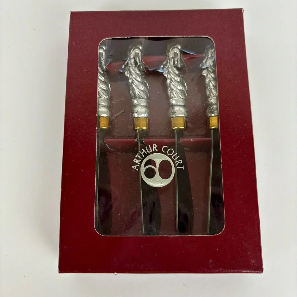 Vintage Horse Head Cheese Spreader Knives/Arthur Court Flatware Box-Set of 4